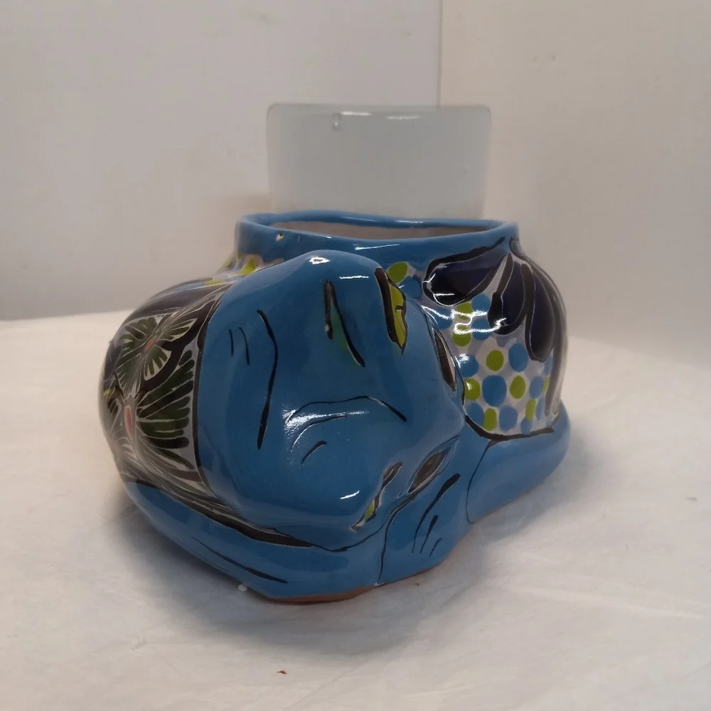 MENDEZ Planter Resting Curled Cat Figurine Ceramic Pottery Blue & Green